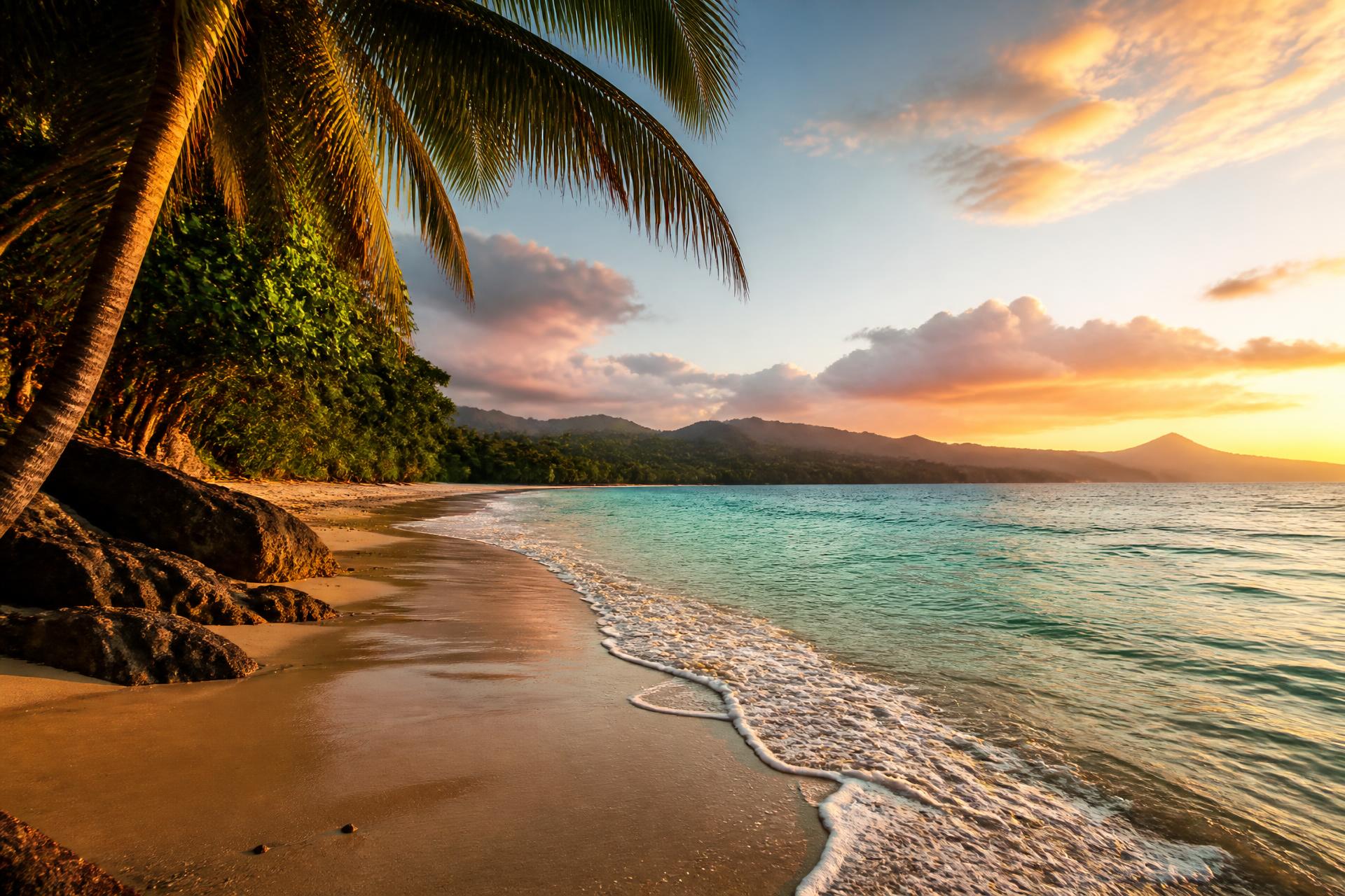 Costa Rica beach at golden hour with rainforest and turquoise ocean